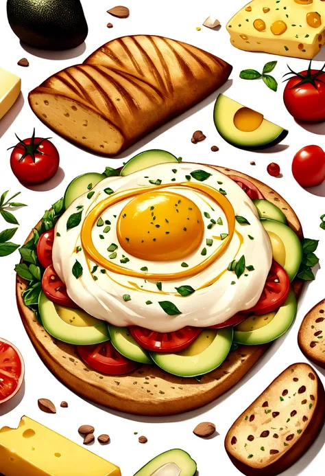 (Best quality,4K,8 k,A high resolution,masterpiece:1.2),ultra detailed,realistic,Healthy omelette sandwiches,whole wheat bread,latuk,tomatoes,Avocado,low-fat cheese,White background,object,delicious looking omelette,Crispy bread, fresh and green latuk, jui...