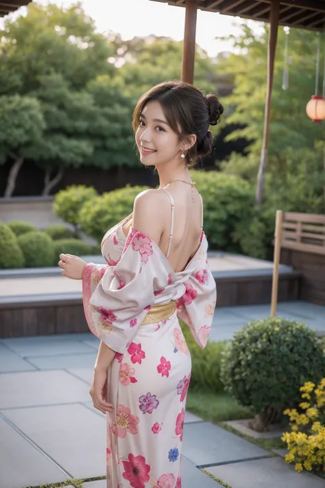 high quality,8K, Detailed facial depiction, Detailed description of the eyes,One Woman, Light brown hair(Short Hair),Hair tied up,Beautiful Japanese Girl,24-years-old,Cute eyes,Cute Smile,Yukata beauty,Golden floral yukata,Lace underwear,String panties,Sle...