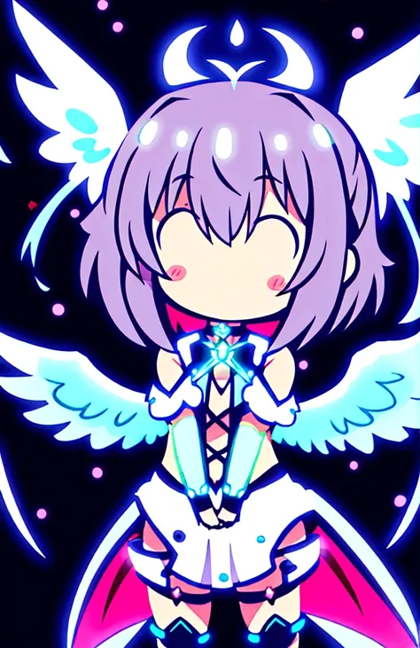 little girl, angel wings, neon lights, chibi