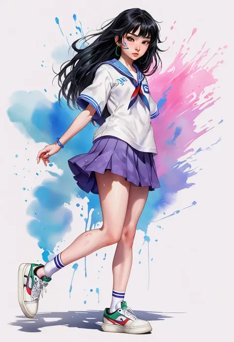 XG,Plain background,High School Uniform:2,Knee-length skirt:2,Fantasy digital watercolor painting,One girl,sneakers,Standing pose,whole body,Black Hair,eyelash,eye shadow,Nose Piercing,Lip Piercing,Face Art,anime,high school student,Asian Girl,Staring at t...