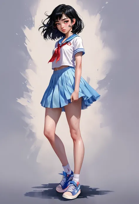 XG,Plain background,High School Uniform:2,Knee-length skirt:2,Fantasy digital watercolor painting,One girl,sneakers,Standing pose,whole body,Black Hair,eyelash,eye shadow,Nose Piercing,Lip Piercing,Face Art,anime,high school student,Asian Girl,Staring at t...