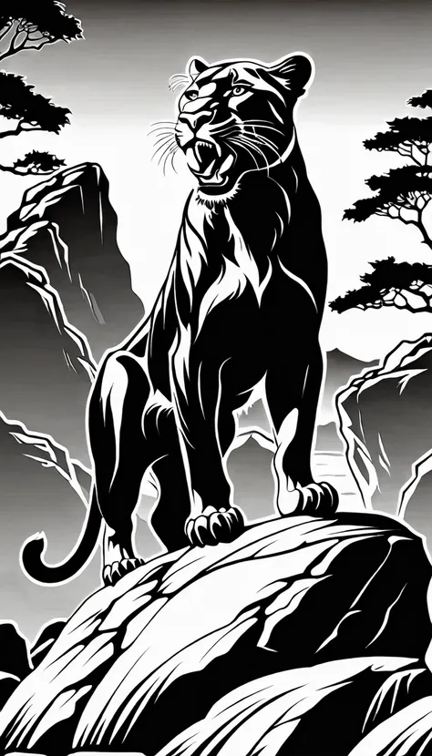 a black and white image of a panther standing on a rock with its mouth open, panther  icon, panther , the man riding is on the panther ,panther , third panther  head, black and white vector art, half panther , panther  head, panther  with crown, 2 d full b...