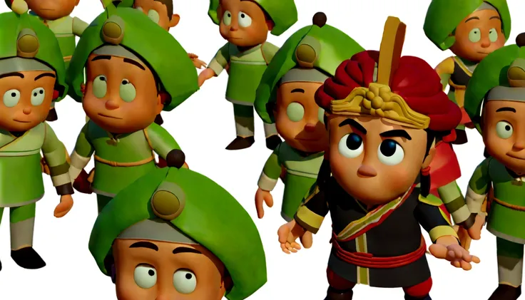 A happy and cute Three Kingdoms Guan Yu boy standing，Short and delicate hair, Wear green, Holding a green dragon knife,The face is slightly red and the whole body image is displayed，White background, child, Tone, Pixar style, 。.3d, Cartoon, Detail producti...