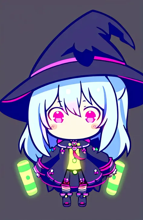 little girl, witch hat, neon lights, chibi