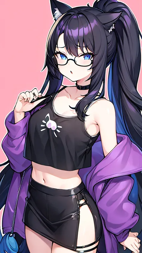 An 18-year-old cat girl with long black hair with purple ends, blue eyes, chest, and round-shaped glasses. (black crop top shirt, Black off-the-shoulder shirt, sleeveless, Cat pattern in the middle of the shirt),school short black skirt, black panties, sta...