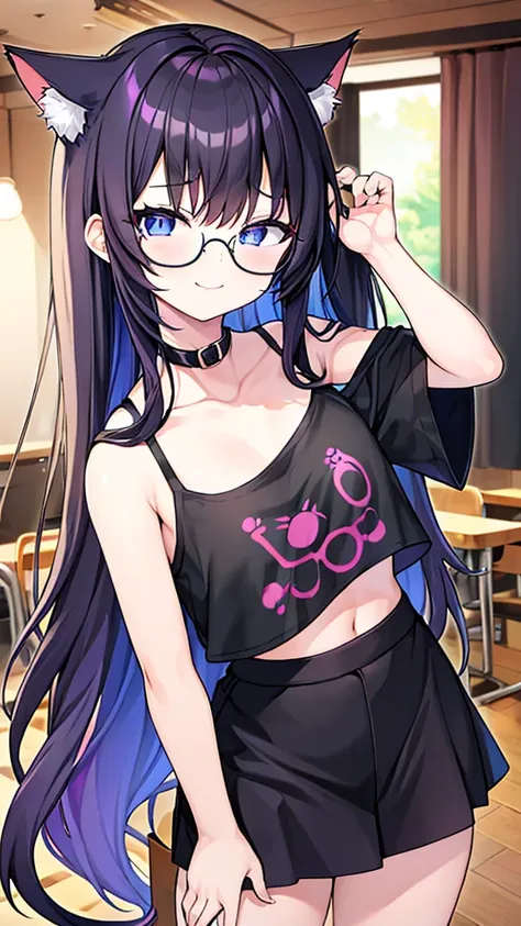 An 18-year-old cat girl with long black hair with purple ends, blue eyes, chest, and round-shaped glasses. (black crop top shirt, Black off-the-shoulder shirt, sleeveless, Cat pattern in the middle of the shirt),school short black skirt, black panties, sta...