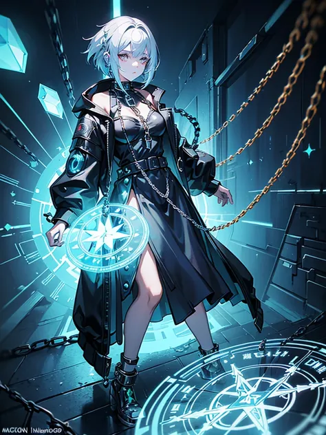 a girl，Magician，((Fashionable clothing))，((Cyberpunk style))，((magic circle))，bud，crystal，spark，Water Flow，((Multi-element))，wave，((Super detailed))，((Rendering))，((Chains:1.35))，((Constraints:1.35))，best picture