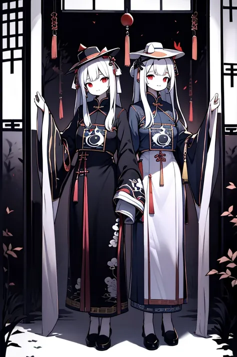 2 young girls wearing traditional chinese clothing, symmetrical composition, black-clothed girl and white-clothed girl standing ...