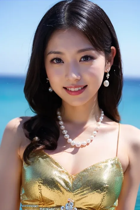 Highest quality、Masterpiece、32k raw photo,High-definition photos、Black Hair,Upper Body、Brown eyes,Pearl Earrings,Pearl necklace、Pearl mermaid dress、smile,alone、ocean background