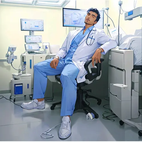 arafed male doctor sitting in a chair in a hospital room, medical photography, very handsome face with detailed facial features,...