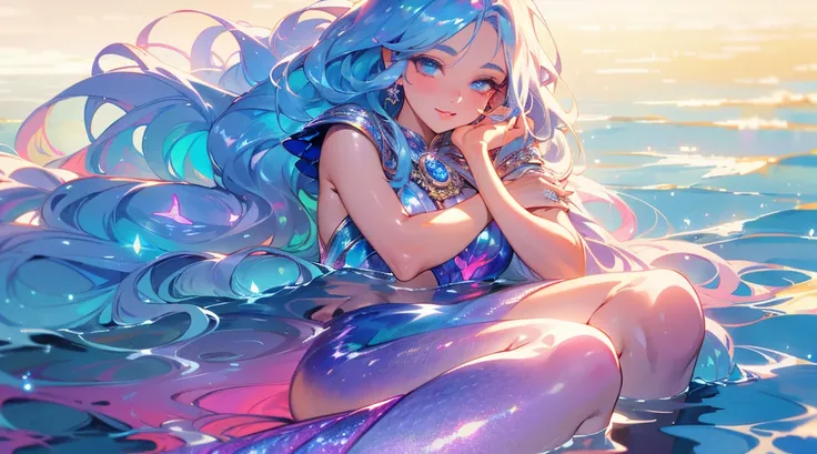 a beautiful mermaid with flowing,iridescent scales and long,flowing hair. she is sitting on a rock by the sea under the moonligh...