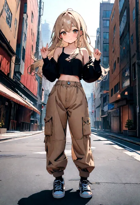 Cute 18 year old American girl, Gorgeous messy light brown hair, Brown eyes, Wearing beige cargo pants , Black crop top, city, High resolution, Super sharp, 8K, masterpiece, View your viewers, Full body image