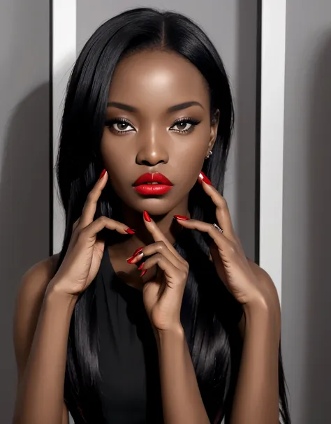 african woman with red lips and black clothes, bright red nails，press your hands on your face, deep red lips, dark red lips, ide...