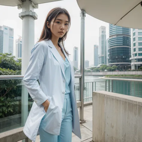 Female supermodel. Singapore Chinese. Singapore river, Singapore. Pastel blue doctor coat. White formal shirt. Pastel blue trousers. Close-up.