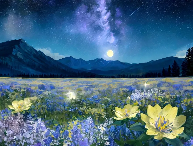 Mountain, forest, Starry Sky ,Yellow Full Moon, Intricate details,make flowers bloom,Sea of Flowers,Fantastic、Monet