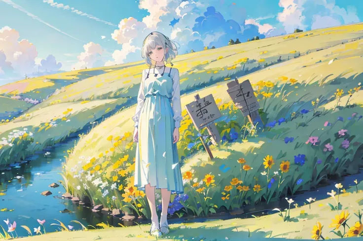 (1 girl) short gray hair, Kawai face, beautiful blue eyes, (wearing a white dress)  (background, warm flower garden field, green grass, Beautiful yellow white flowers diverse, grass looks soft)  ((short gray hair should be blown to the right side, blown by...