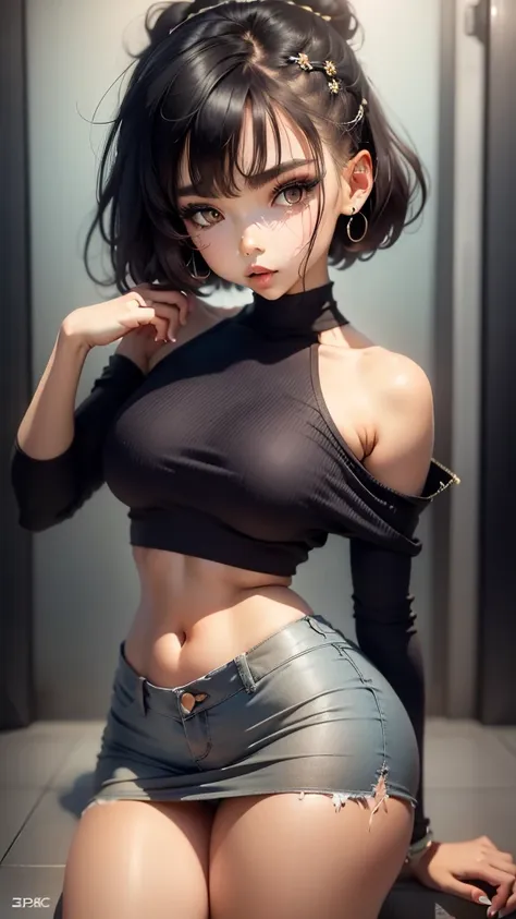 beautiful , wearing sexy kpop outfit, very short miniskirt close to the body, crop top sweatshirt, bare shoulders, showing the n...