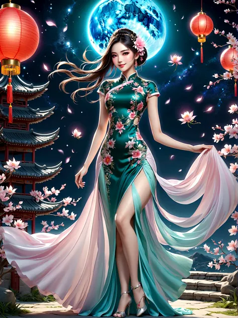 (full-body shot:1.4), space art, 1 cheongsam woman，whole body，standing，transparent robotic arm，slim body，perfect proportions，exq...