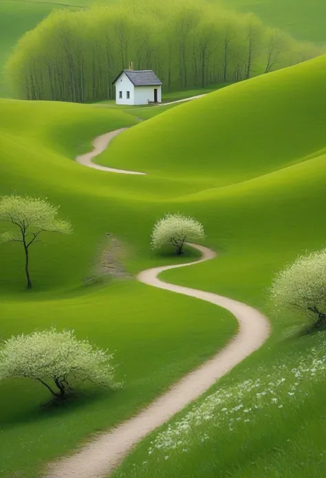 minimalism，spring，woods and winding paths，old man back，small house in the distance，green theme