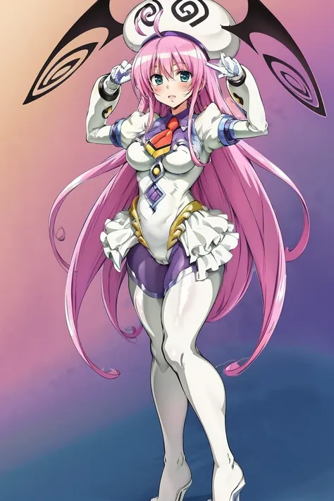 masterpiece, best quality, masterpiece, best quality, lala satalin deviluke, green eyes, pink hair, long hair, ahoge, white headwear, head wings, bodysuit, leotard, necktie, white gloves, showgirl skirt, thighhighs, white footwear, looking at viewer, beaut...