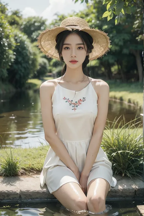 (((best quality))),(((ultra detailed))),(((masterpiece))),illustration,1 beautiful girl,slim,straw hat,shiny skin,dark skin,sweat,wet,flat chest,short Embroidered red cheongsam,bare arms,sitting in the pond filled with Rice seedlings,upper body,elegant, cl...