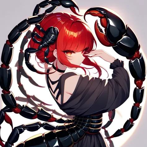 （yellow plum、high quality、very detailed），constellation scorpion 、poisonous tail，(((huge reddish black scorpion:1.6)))，a woman in...