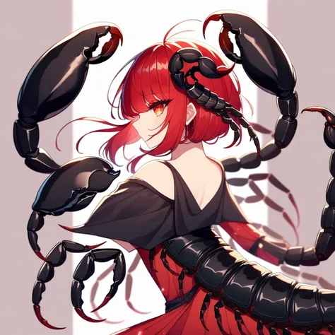 （yellow plum、high quality、very detailed），constellation scorpion 、poisonous tail，(((huge reddish black scorpion:1.6)))，a woman in...