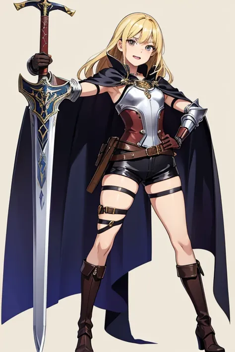 Anime Art、Full body portrait、Fantasy Outlaws、A woman around 35 years old, around 170cm tall, wearing leather armor and shorts, standing upright with a curved sword in her hand、Laughing with mouth open、Hairstyle is medium、Blonde、gloves、boots、Arm guard、Cape、...