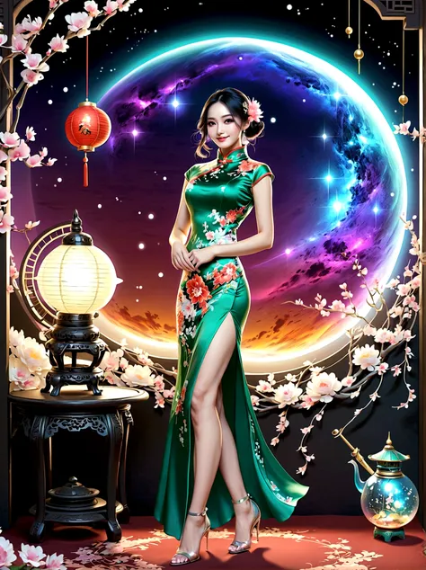 (full-body shot:1.4), space art, 1 cheongsam woman，whole body，standing，transparent robotic arm，slim body，perfect proportions，exq...