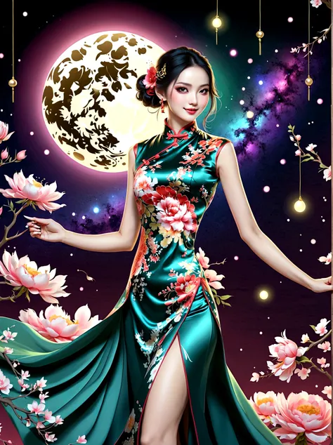 (full-body shot:1.4), space art, 1 cheongsam woman，whole body，standing，transparent robotic arm，slim body，perfect proportions，exq...