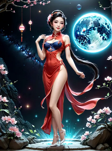 (full-body shot:1.4), space art, 1 cheongsam woman，whole body，standing，transparent robotic arm，slim body，perfect proportions，exq...