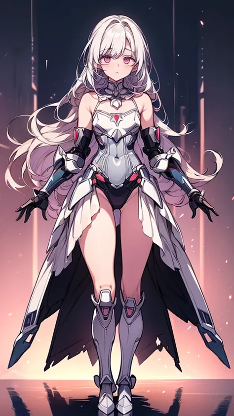 ((girl, mecha)), glowing eyes, delicate face, broken armor, mechanical aura, mechanical arm, white hair, long hair, ceramic body...