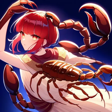 （yellow plum、high quality、very detailed），constellation scorpion 、poisonous tail，(((huge reddish black scorpion:1.6)))，a woman in...