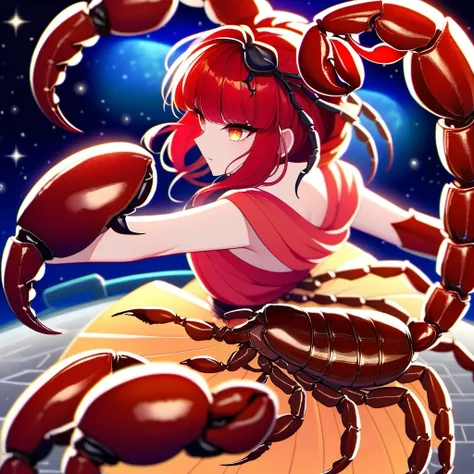 （yellow plum、high quality、very detailed），constellation scorpion 、poisonous tail，(((huge reddish black scorpion:1.6)))，a woman in...