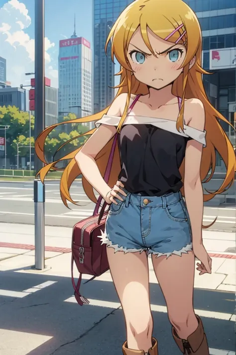 solo, 1girl, looking at viewer,  kirino kousaka, bare shoulder,denim shorts,boots,outdoor,angry