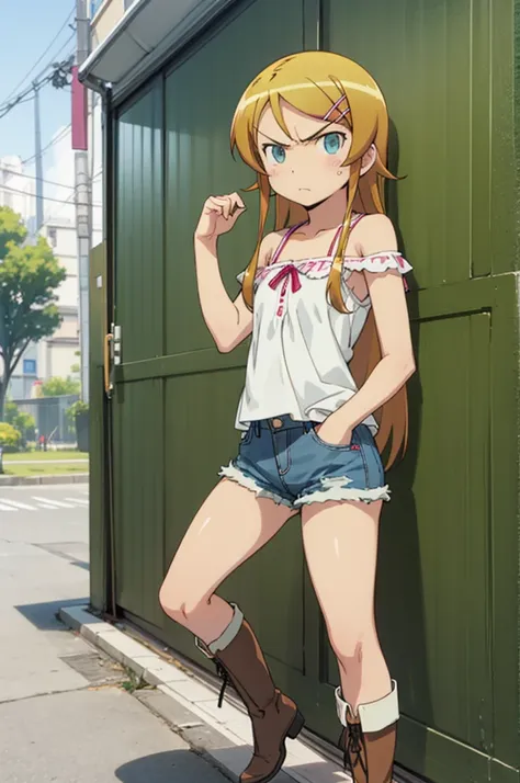 solo, 1girl, looking at viewer,  kirino kousaka, bare shoulder,denim shorts,boots,outdoor,angry