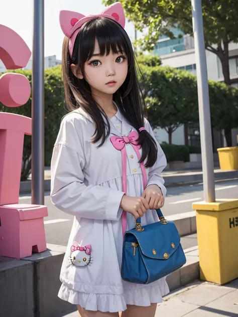 Young  Asian girl, bangs, innocent, pure, blues eyes, eith Hello Kitty 