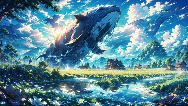 leviathan dancing in the blue sky,vision,calm day, detailed clouds, field, grazing cows, flower, a house far away, fence, wood,w...