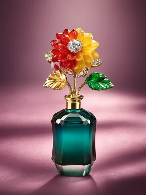 image of, close,  flowermd_jewelry,chinese_sp style,colorful dahlia with gemstones and diamonds in a bottle,  gemstone leaf, gol...