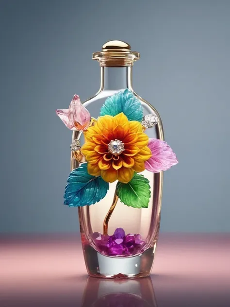 image of, close,  flowermd_jewelry,chinese_sp style,colorful dahlia with gemstones and diamonds in a bottle,  gemstone leaf, gol...