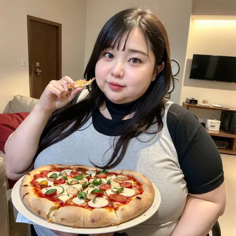 (((A very fat woman and a beautiful skinny woman)))、Eating a big pizza、In the living room、In plain clothes、