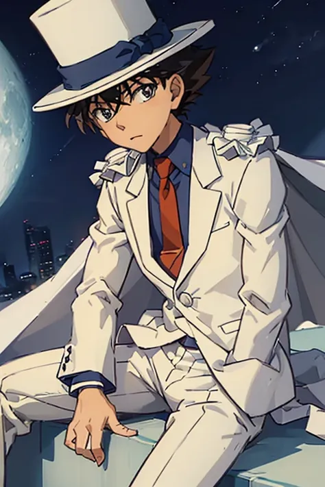 ((1 boy)),white suit,silk hat,detective conan-kaitou kid,white cape,sitting,rooftop,moon night