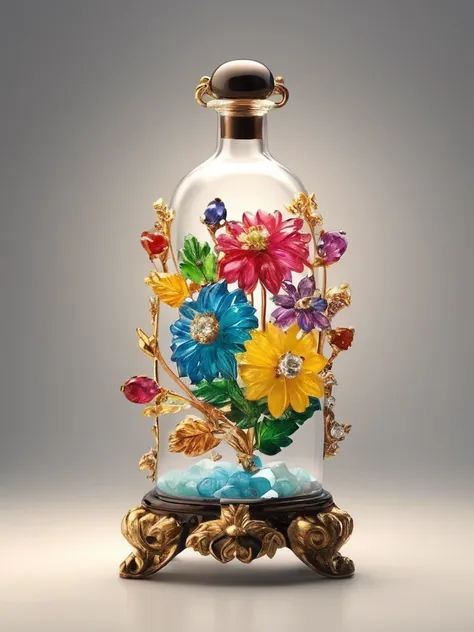 image of, close,  flowermd_jewelry,chinese_sp style,colorful dahlia with gemstones and diamonds in a bottle,  gemstone leaf, gol...