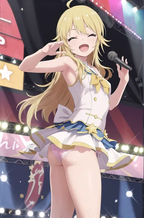 masterpiece, best quality,ultra detail,(nsfw),miki hoshii,;d,stylish pose,wink,star effect,on stage,idol costume,looking viewer,lace panties,sleeveless