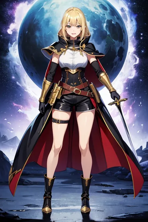 Anime Art、Full body portrait、Fantasy Outlaws、A woman around 35 years old, around 170cm tall, wearing leather armor and shorts, standing upright with a curved sword in her hand、Laughing with mouth open、Hairstyle is medium、Blonde、gloves、boots、Arm guard、Cape