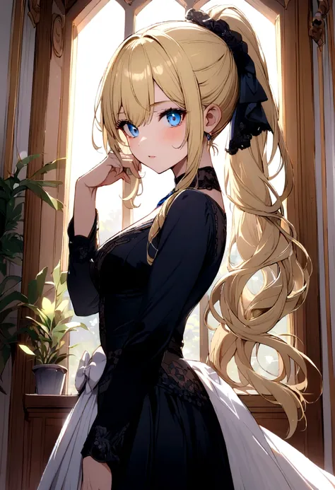 Long ponytail, blue eyes, blonde