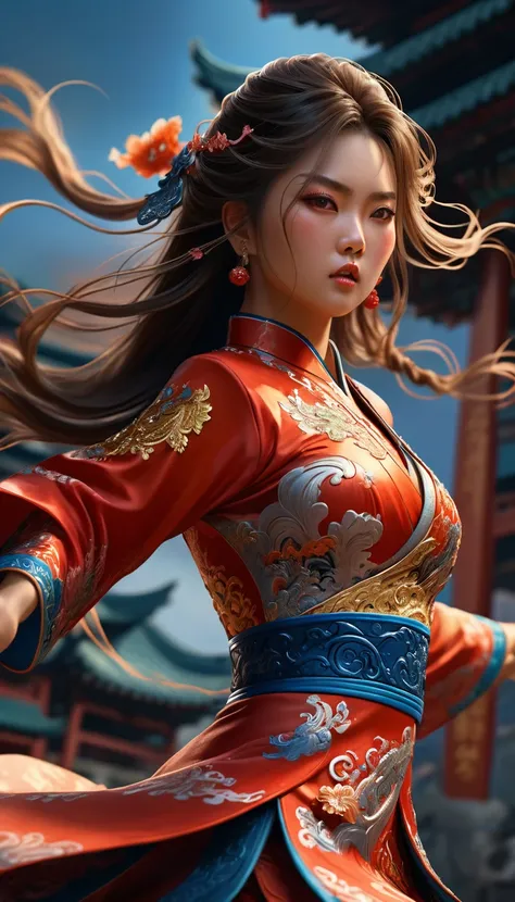 Full bidy shot, low angle shot , dynamic shot, a beautiful female warrior in a cheongsam, dynamic fighting pose, long flowing hair blowing in the wind, realistic digital painting, cinematic lighting, highly detailed, fantasy art, 8k, photorealistic, dramat...