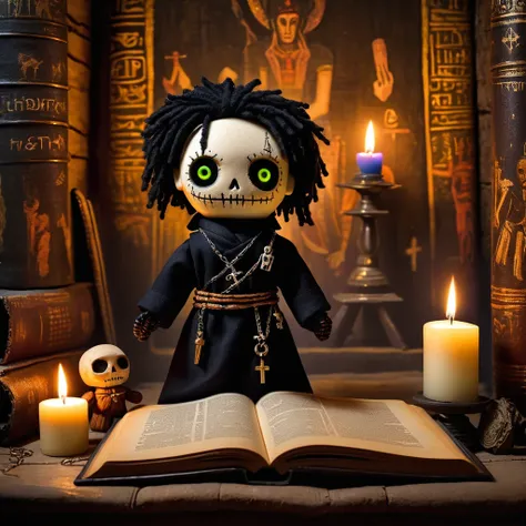 (knitted toy voodoo doll: 1.2), (Voodoo Dark Shepherd: 1.3), (Clothing Black cassock: 1.0), book with spells, cross on a chain, glowing eyes, (in the background an ancient temple with faded frescoes, candlelight reflected on the walls: 1.2), best quality, ...