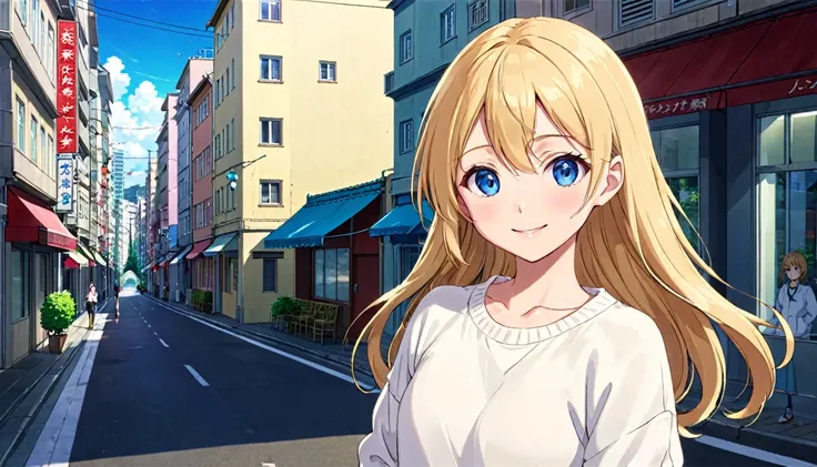 Anime screencap, anime style, anime scene, A teenage girl with long blonde hair and blue eyes is giving the viewer a gentle smile. She is wearing a white sweater, and the background is a beautiful city street.