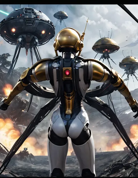 War of the Worlds，Countless fighters，Cockpit perspective，planetes，in fighting，close battle，Crisis，Nervousness，explosions，tragedy，droid，Masterpiece，high-detail，perfect-composition，the golden ratio，8K, the back of a woman military, weapon